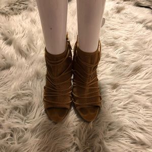 Mustard peep-toe heeled booties